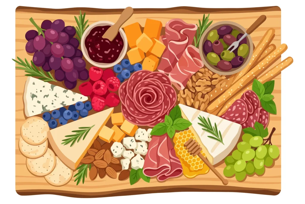 charcuterie board with various cheeses, meats, fruits, nuts, and crackers