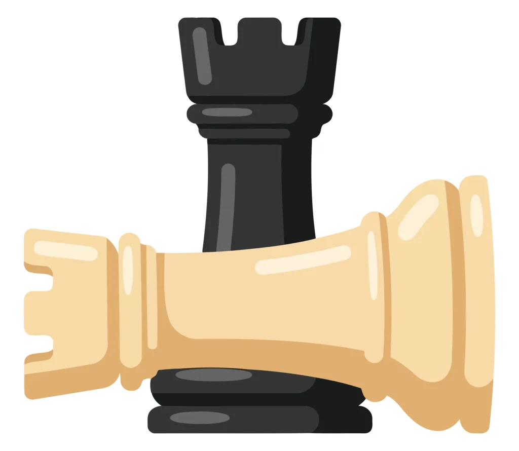 chess rook pieces, one standing and one lying down