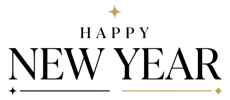 chic happy new year typography greeting card design with gold and black decorative lines and stars