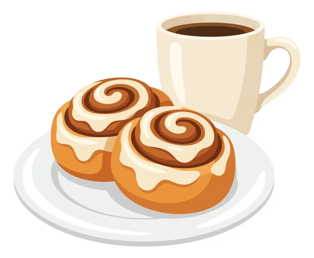 cinnamon rolls with icing on plate and cup of coffee isolated on white background