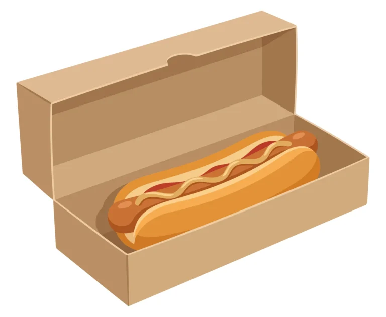 classic hot dog with ketchup and mustard in a brown cardboard takeaway box, isolated on white background
