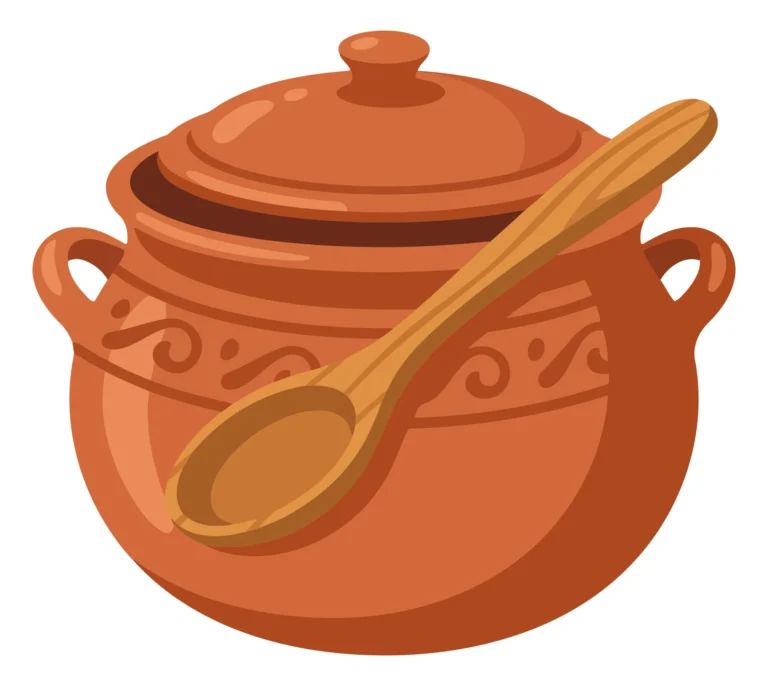 clay pot with wooden spoon vector illustration, rustic kitchenware icon