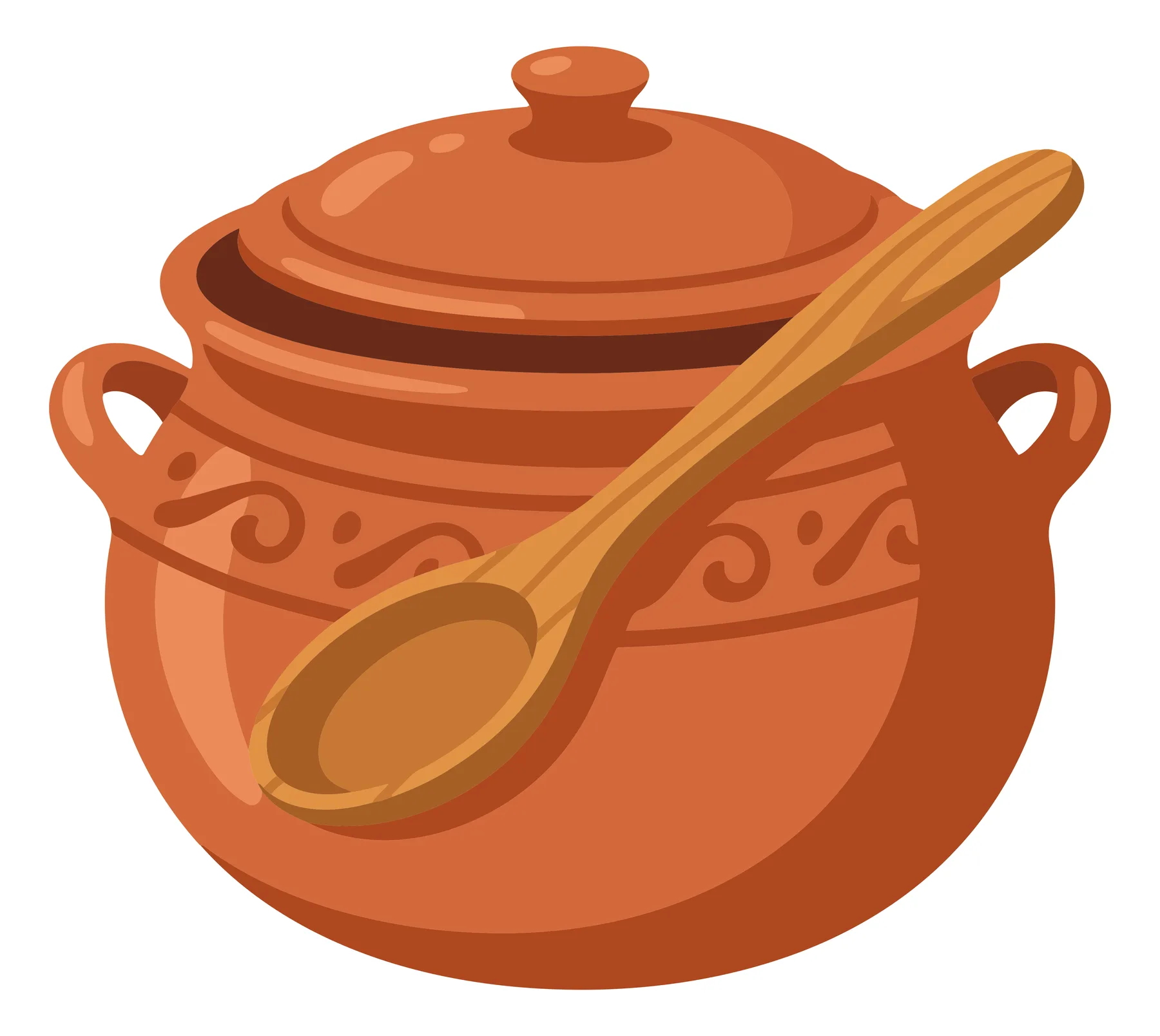 clay pot with wooden spoon vector illustration, rustic kitchenware icon