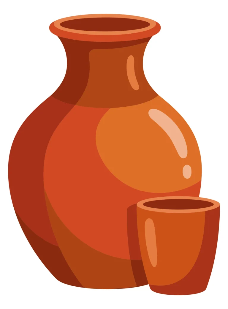 clay pottery set including a large round vase and a small drinking cup, rustic terracotta ceramic vessels for home decor or kitchenware, fla
