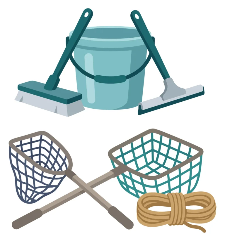 cleaning bucket, brush, squeegee, fishing nets, and rope