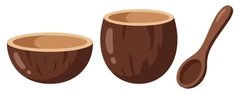 coconut bowls and a wooden spoon isolated on white background
