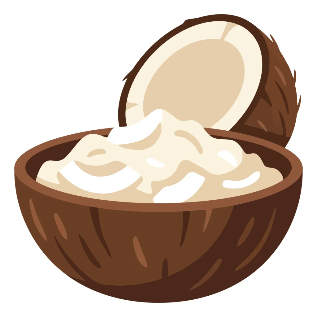 coconut flesh in a coconut shell bowl next to a half coconut isolated on white background