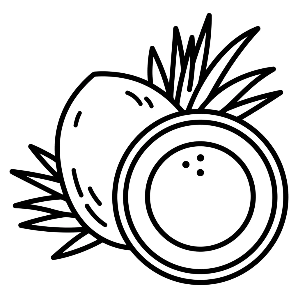 coconut fruit and half coconut with leaves line art