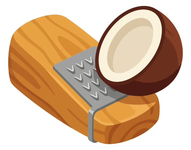 coconut grater tool with a fresh halved coconut isolated on white background