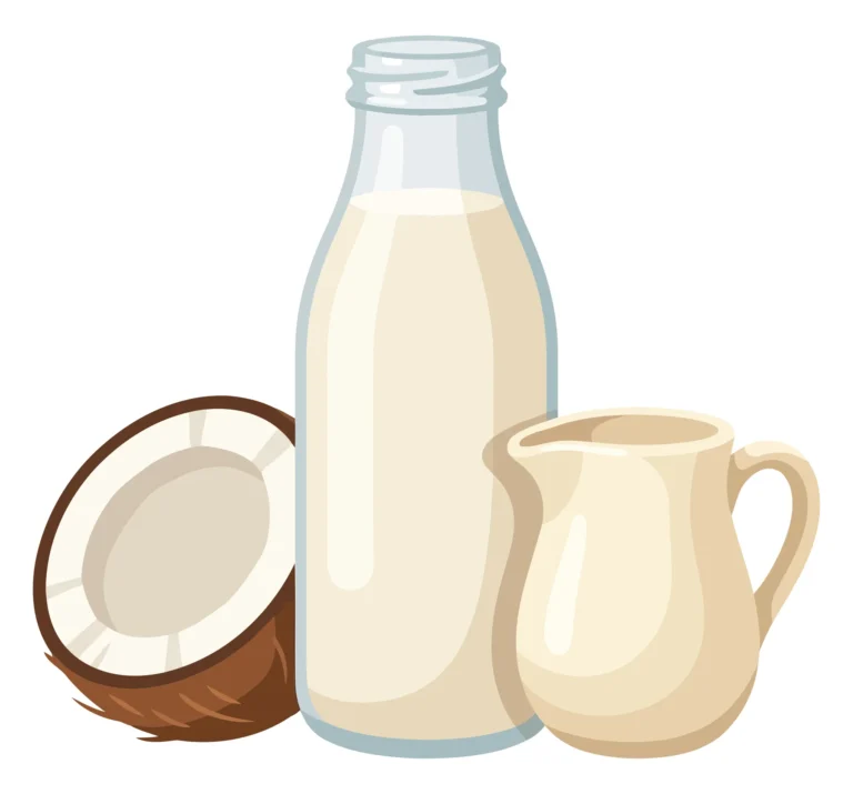 coconut milk in a glass bottle and a small ceramic pitcher next to a fresh halved coconut isolated on white background