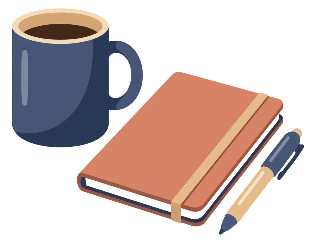 coffee mug with notebook and pen