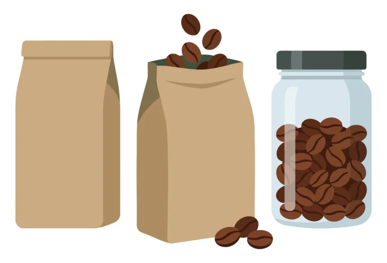 coffee packaging set with paper bags and glass jar filled with roasted coffee beans, vector illustration of coffee storage containers