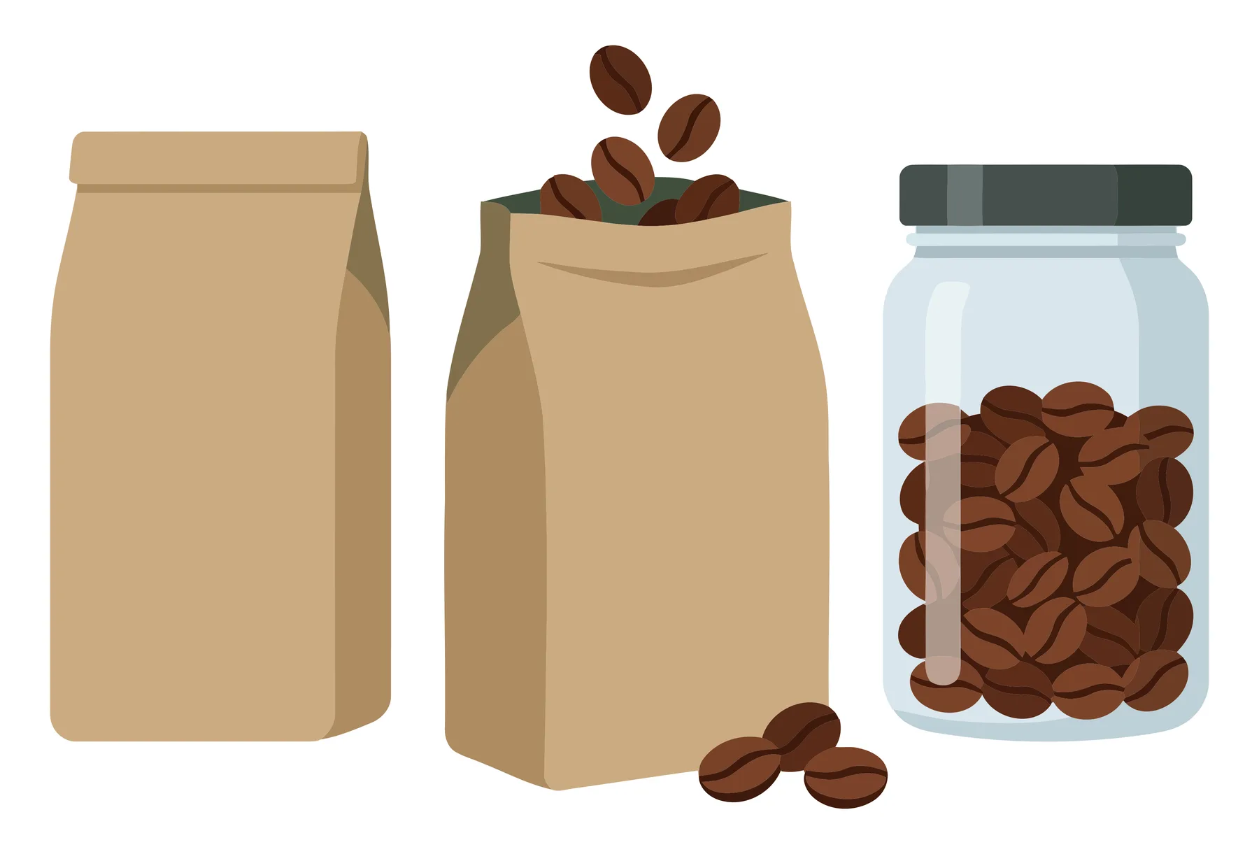 coffee packaging set with paper bags and glass jar filled with roasted coffee beans, vector illustration of coffee storage containers
