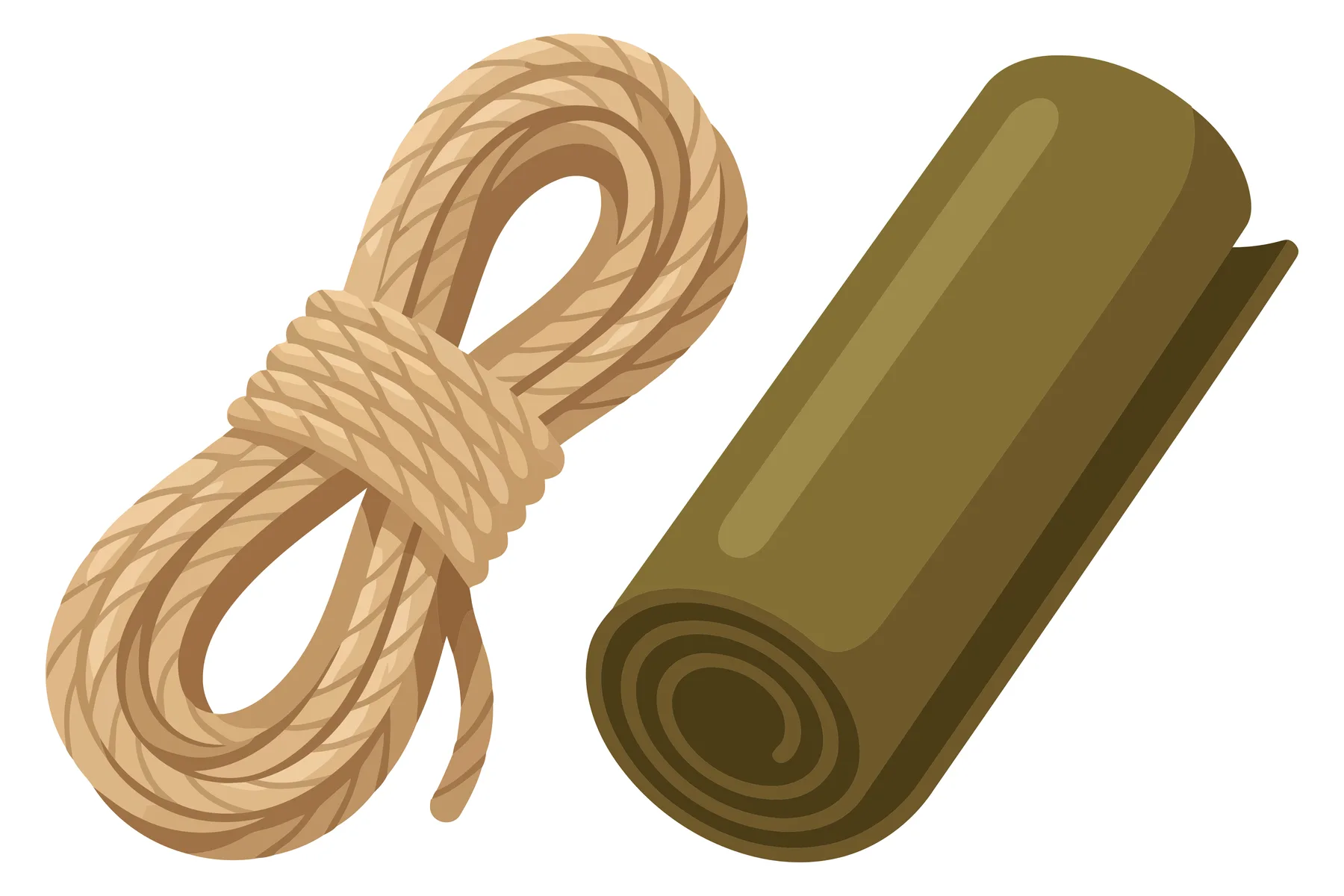 coiled brown rope and a rolled piece of brown fabric or mat