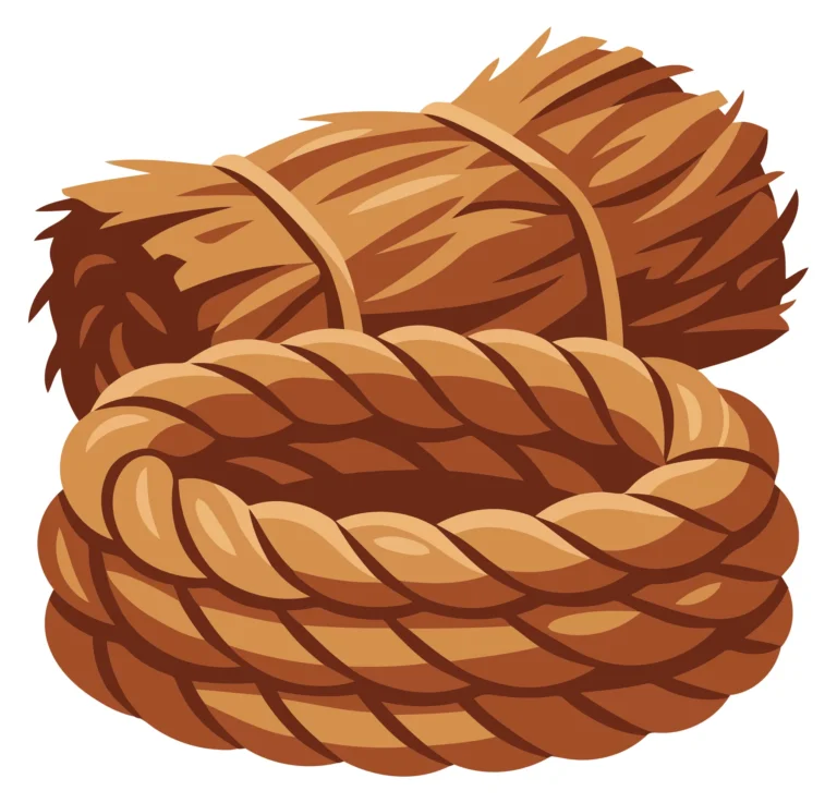 coiled brown rope and tied bundle of straw or hay isolated on white background