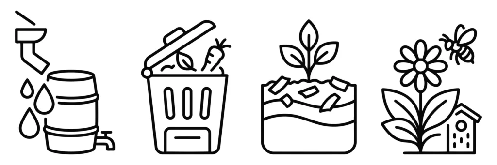 collection of ecofriendly gardening icons featuring rainwater harvesting, composting, soil layers, and pollinator habitat