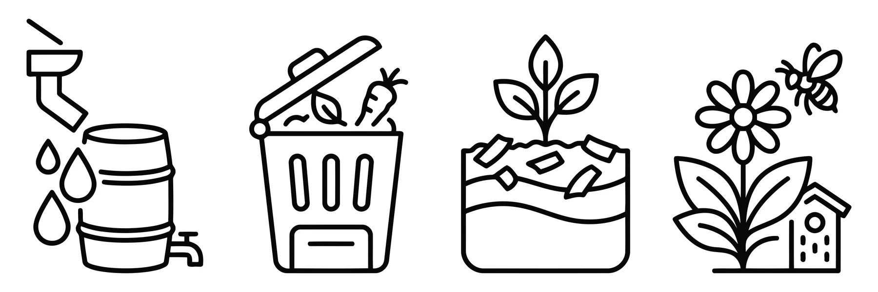 Eco-Friendly Gardening Icons Set with Rainwater Harvesting and Composting