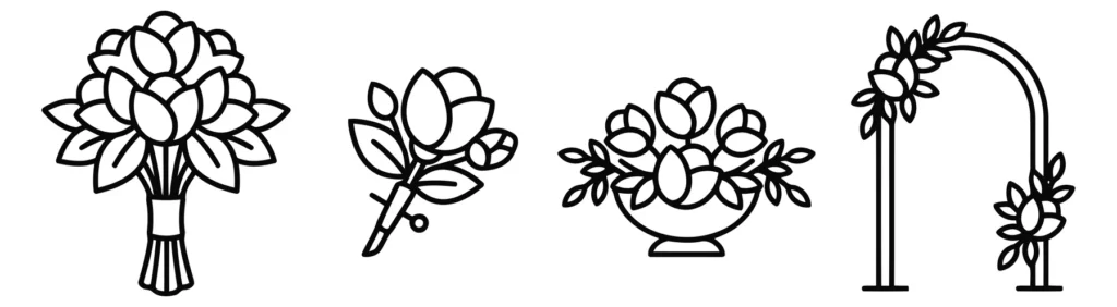 collection of floral arrangement vector icons featuring bouquets, boutonnieres, centerpieces, and decorative wedding arches