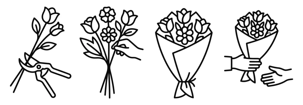 collection of florist icons featuring flower pruning, bouquet assembly, wrapping, and gifting, vector illustration style