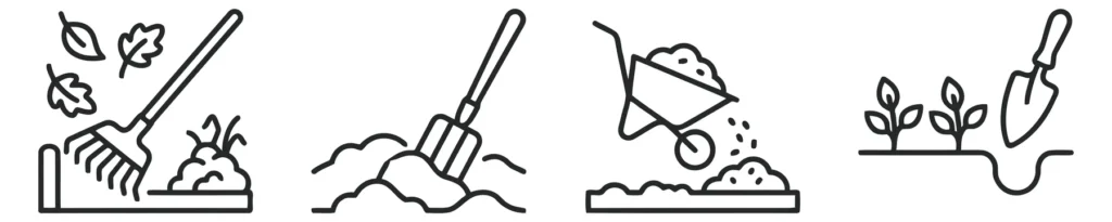 collection of gardening and landscaping icons with tools and soil work