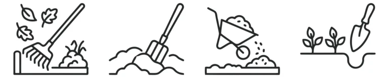 collection of gardening and landscaping icons with tools and soil work