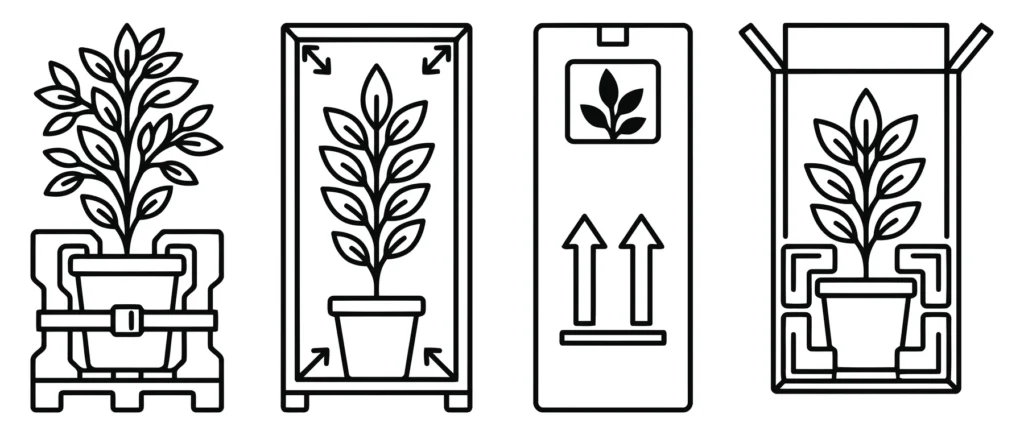 collection of line art icons depicting plant shipping and packaging solutions, featuring secure bracing, protective boxes, and upright orien