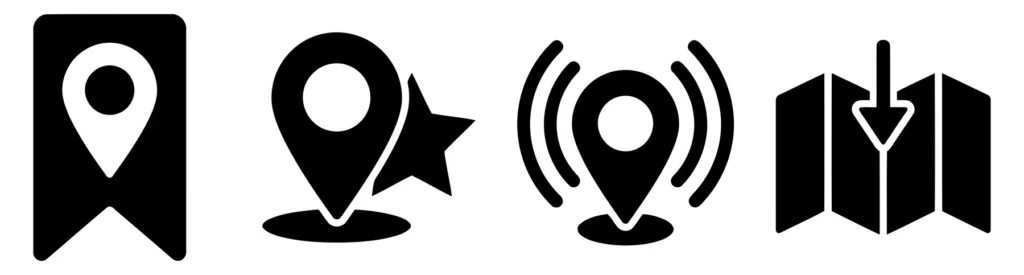 collection of map location and navigation icons including bookmark, star location, signal, and map download
