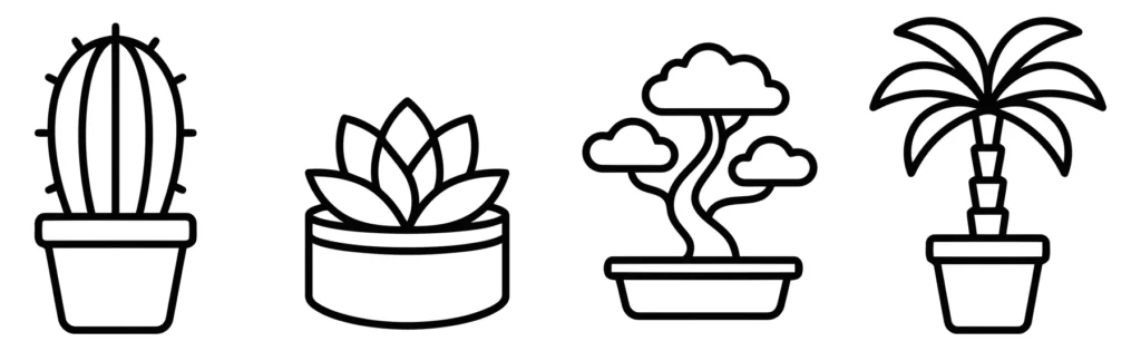 collection of potted plant icons including cactus, succulent, bonsai tree, and palm