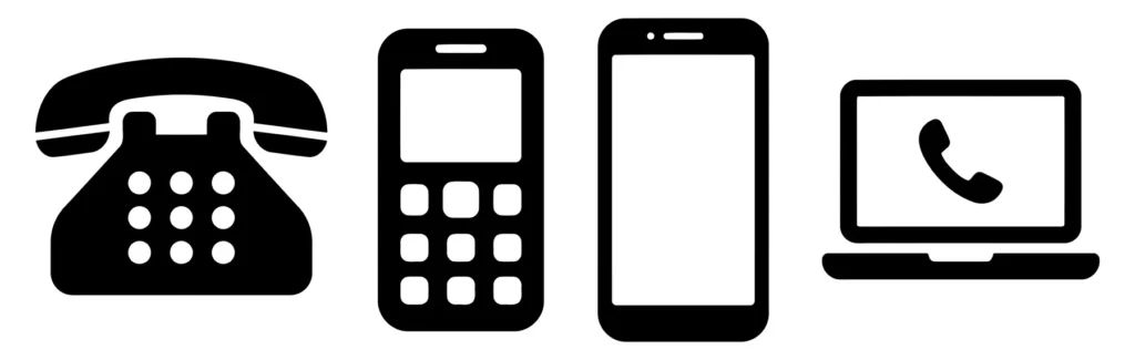 communication device icons set including telephone, mobile phone and laptop
