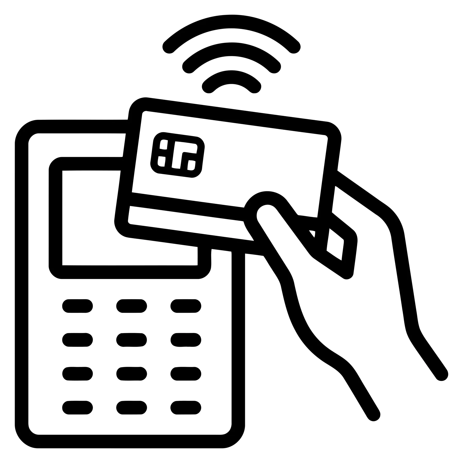 Hand holding contactless payment card over terminal