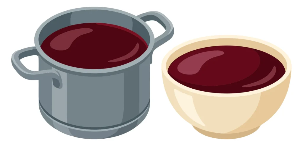 cooking pot and bowl filled with dark red soup or sauce isolated on white background