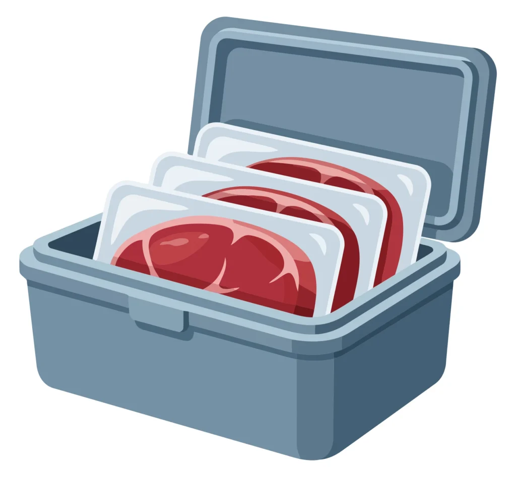 cooler box filled with packaged raw meat steaks isolated on white background