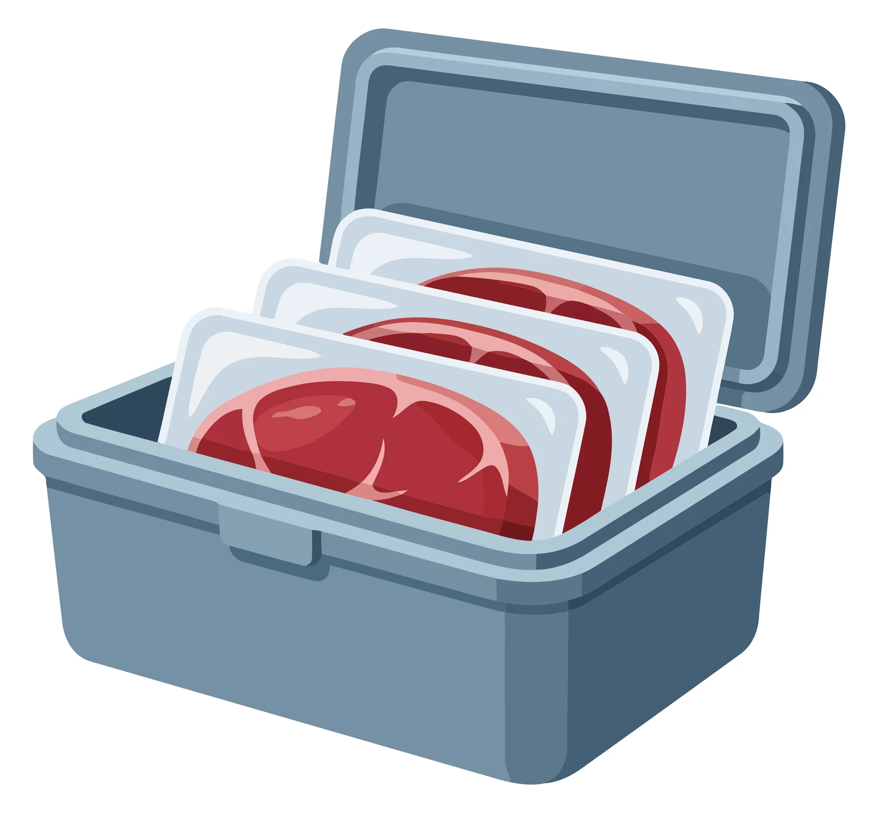 cooler box filled with packaged raw meat steaks isolated on white background