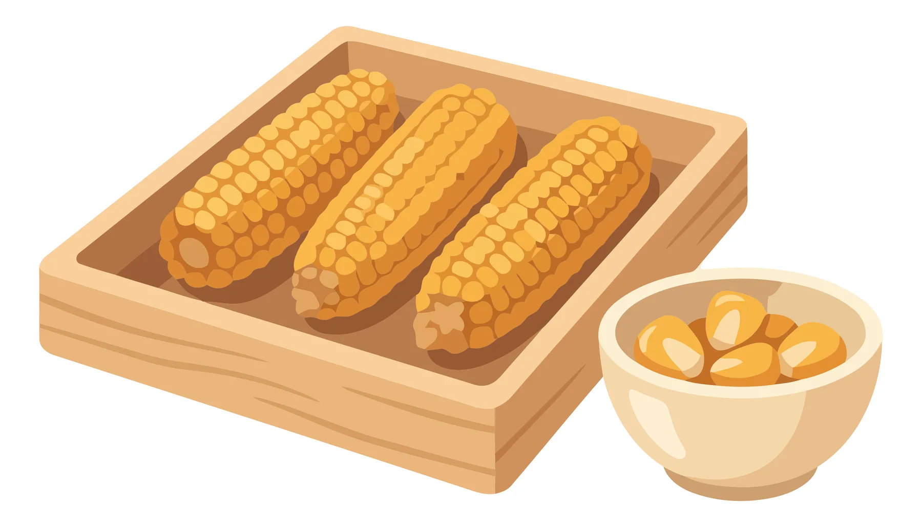 corn cobs in a wooden box and corn kernels in a bowl vector illustration