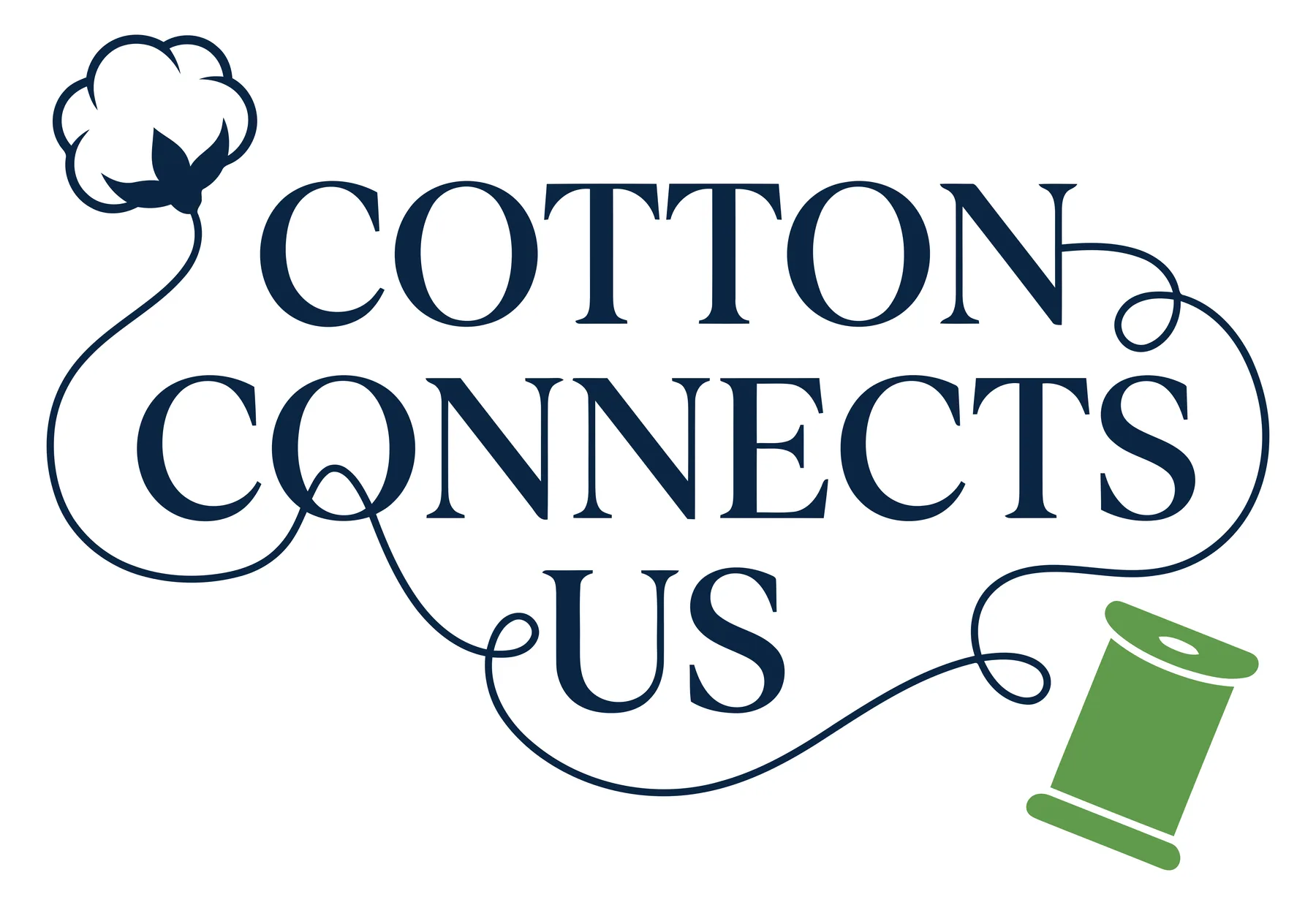 Cotton Connects Us Logo with Cotton Boll and Thread Spool