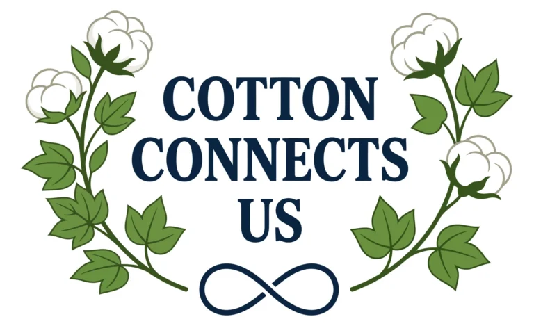 cotton connects us logo with cotton plants and infinity symbol
