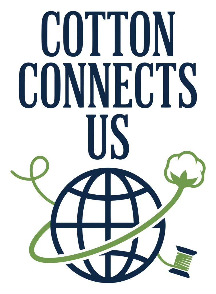 cotton connects us logo with globe, cotton boll, and thread spool