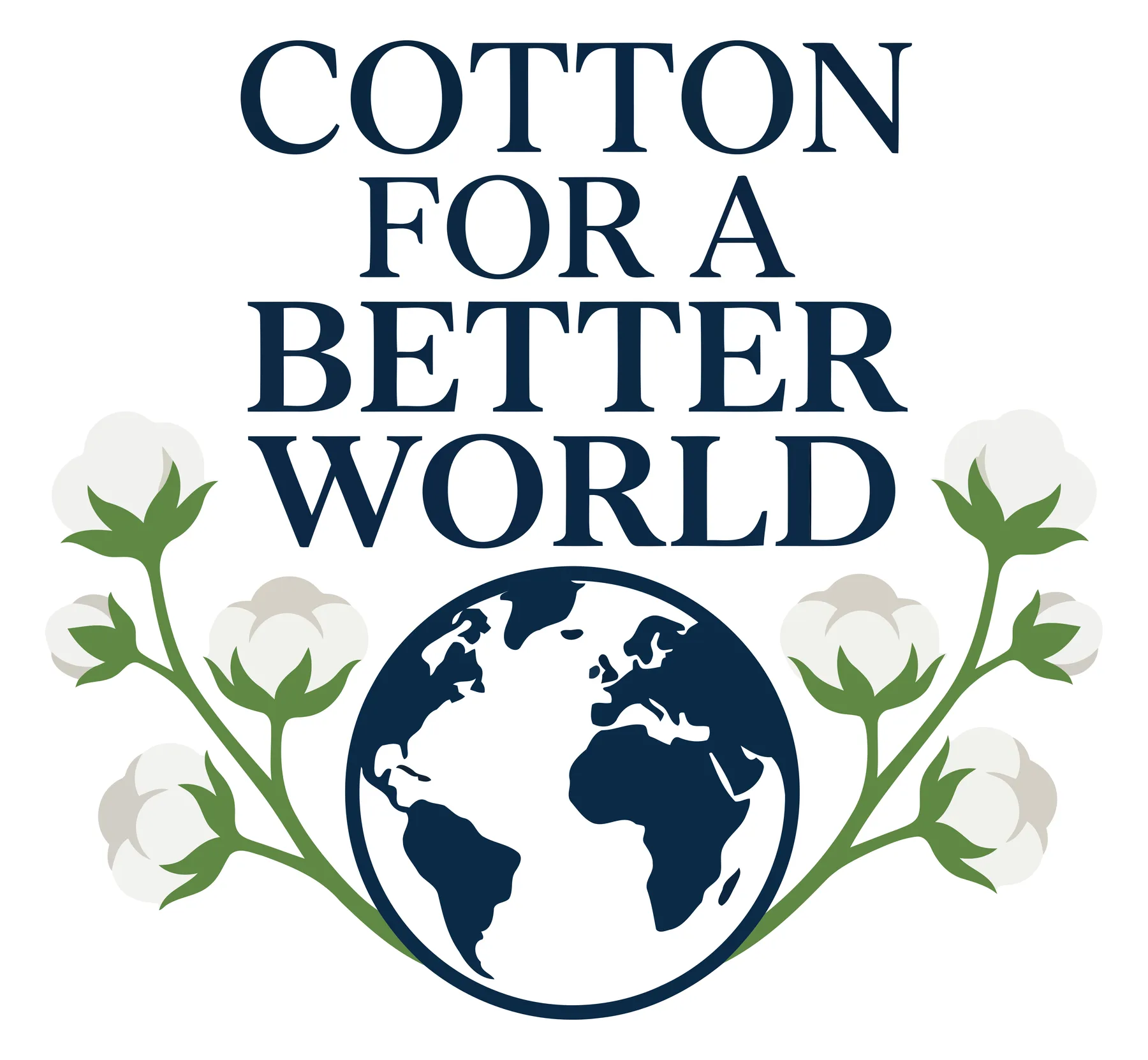 Cotton for a Better World Logo with Globe and Cotton Bolls