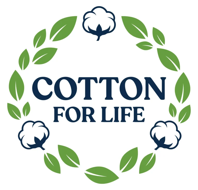 cotton for life logo design with circular leaf wreath and cotton bolls