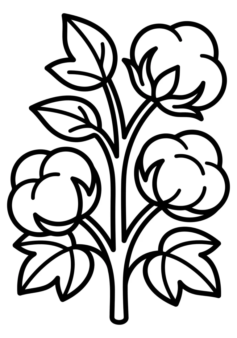 Botanical Illustration of Cotton Plant with Fluffy Bolls and Leaves