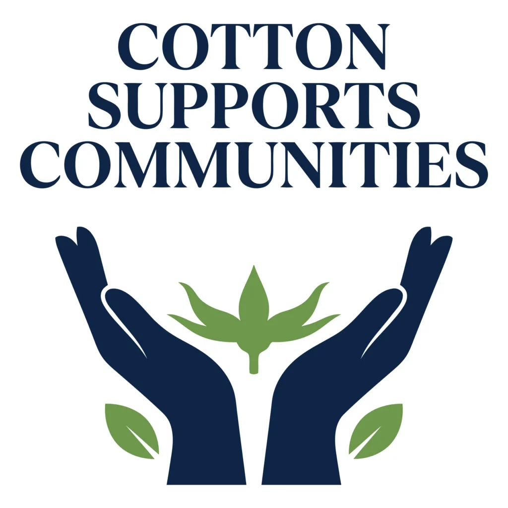cotton supports communities logo design with hands holding a cotton plant
