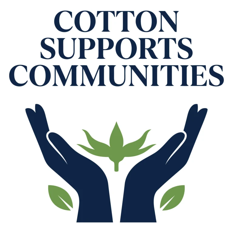cotton supports communities logo design with hands holding a cotton plant