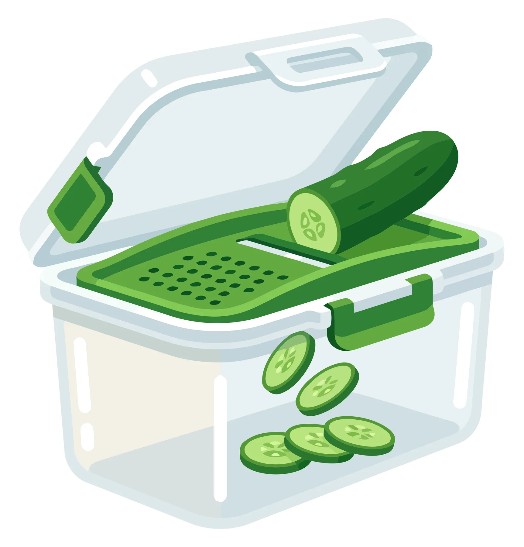 Green cucumber slicer with transparent container and grater