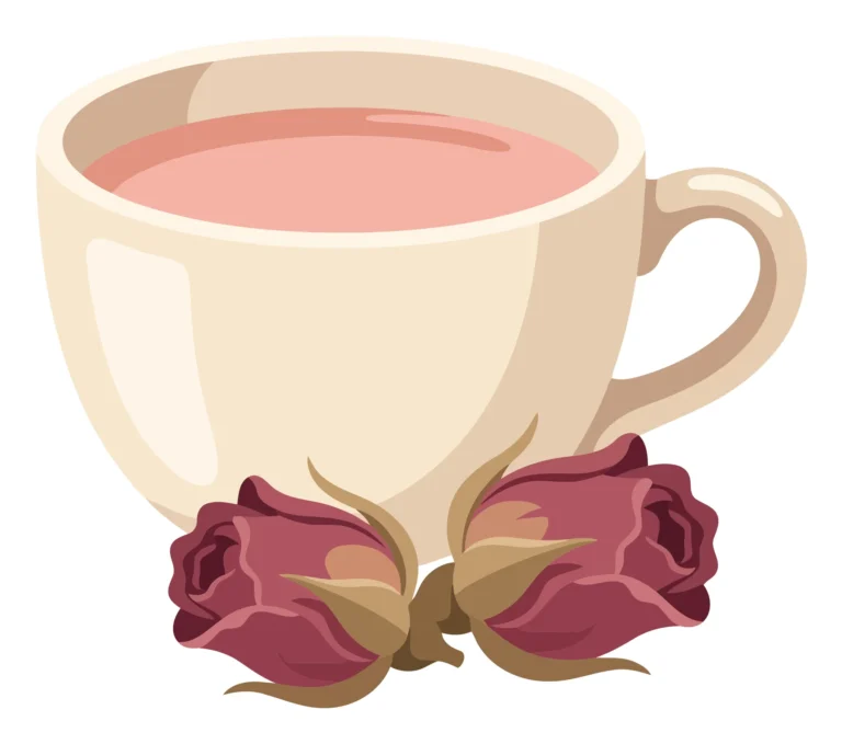 cup of rose tea with dried rose buds isolated on white background