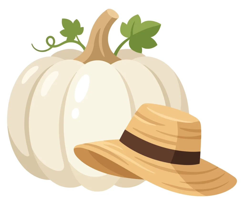 Cute White Pumpkin With Green Leaves And A Straw Hat Isolated On White Background cute white pumpkin with green leaves and a straw hat isolated on white background