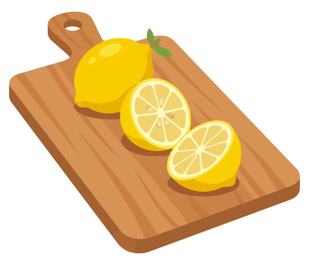 Cutting Board With A Whole Lemon And Two Lemon Halves cutting board with a whole lemon and two lemon halves