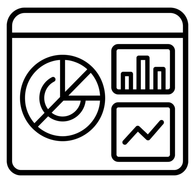 dashboard icon featuring a pie chart, bar graph, and line chart, representing data visualization and business reporting