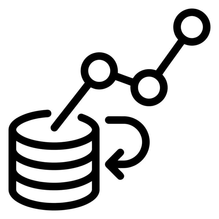 data analysis icon featuring a line chart emerging from a database stack