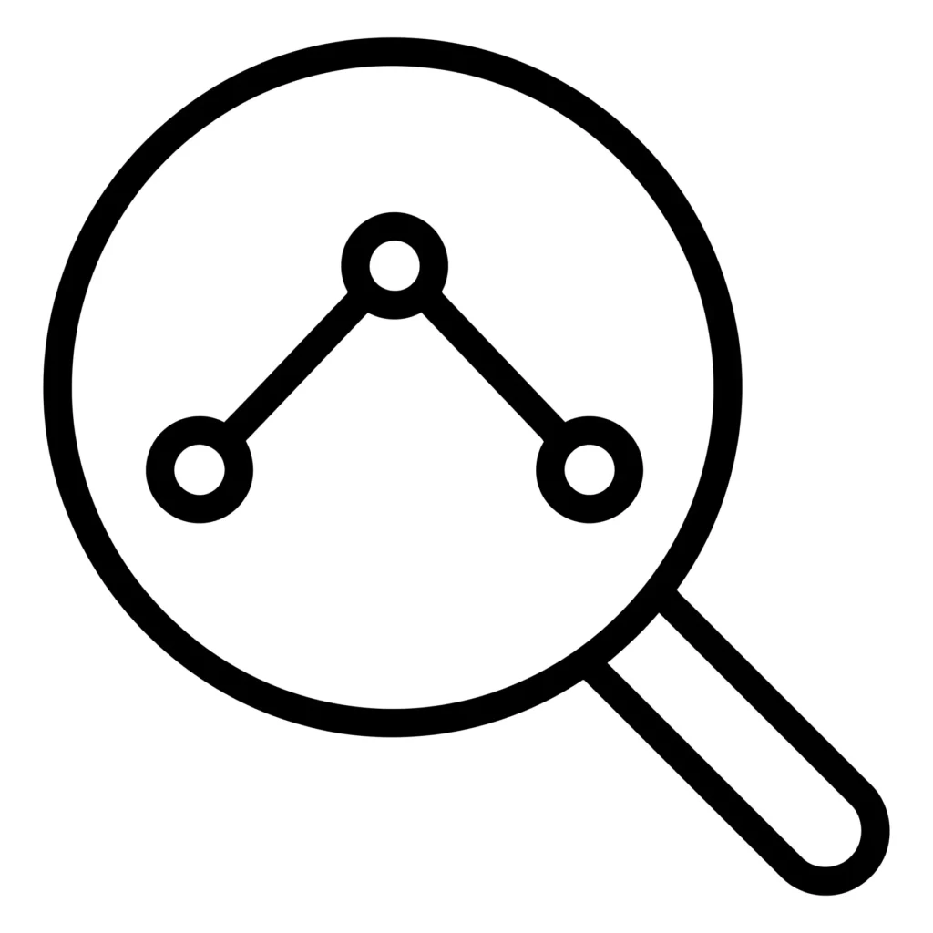 data analysis icon featuring a magnifying glass over a network node structure