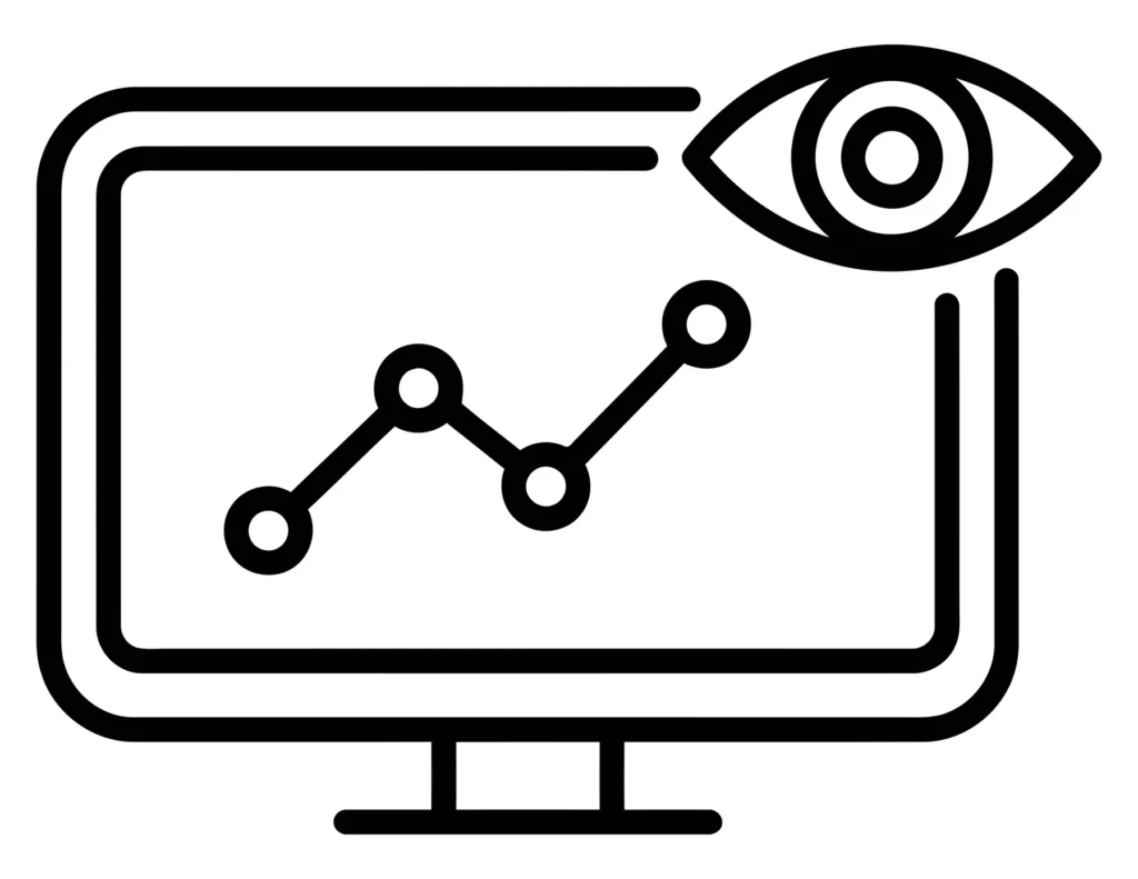 data monitoring icon, computer screen with line graph and eye symbol for analytics